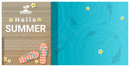 Hello summer background with sandals on wooden pier , vector , illustration