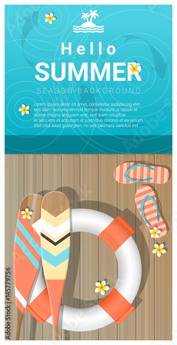 Hello summer background with wooden pier over the sea , vector , illustration