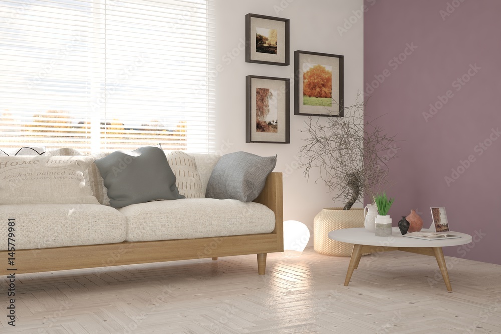 Obraz premium White modern room with sofa. Scandinavian interior design. 3D illustration