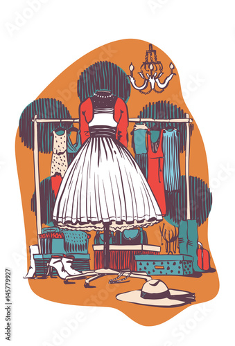 Fluffy dress on black mannequin in an interior full of accessories, bags, boxes, shoes. Large hat on foreground. Fashion hand drawn vector illustration in retro colors of fashion shop or boutique