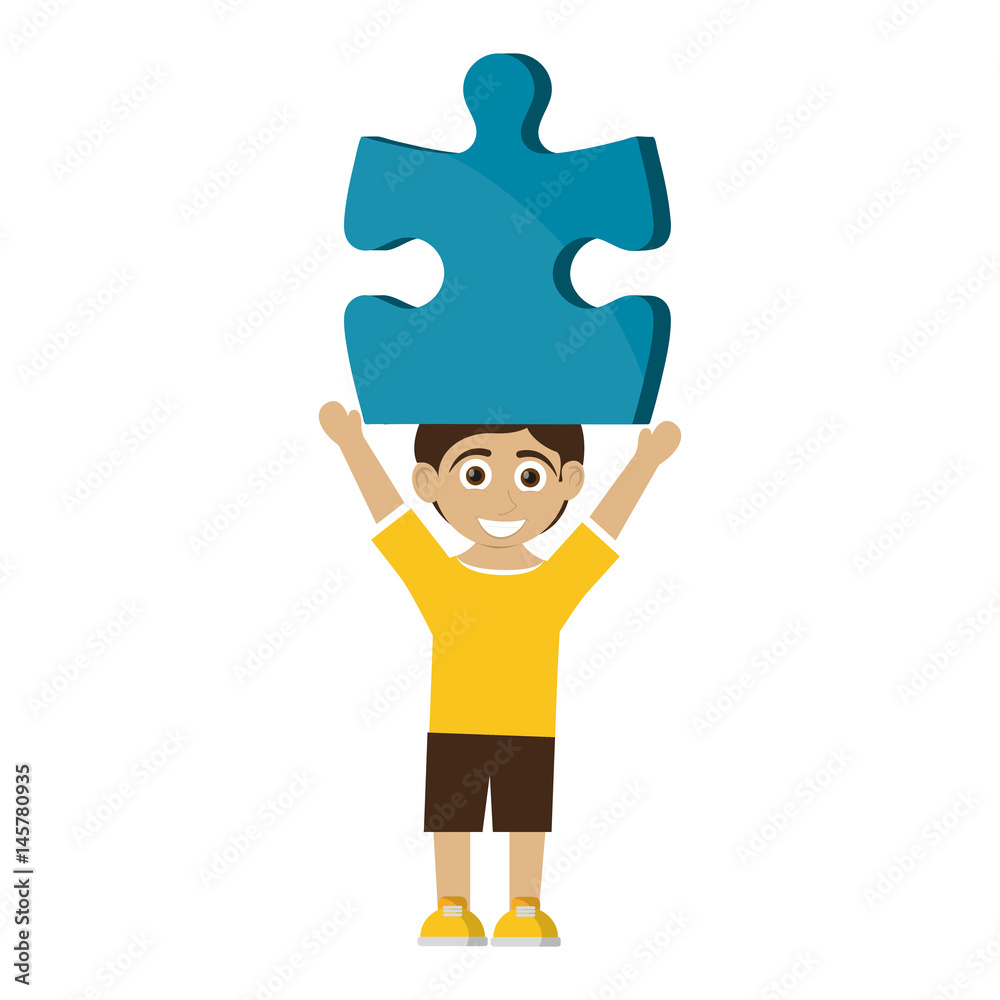 happy smiling boy holdign big puzzle piece icon image vector illustration design 