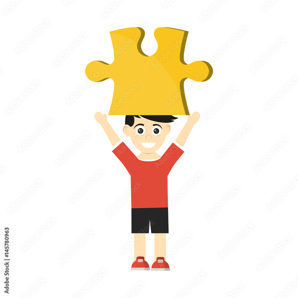 happy smiling boy holdign big puzzle piece icon image vector illustration design 