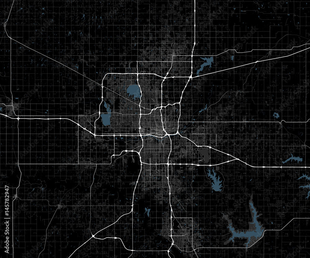 Black and white map of Oklahoma City. Oklahoma Roads
