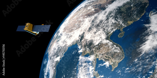 Fototapeta Naklejka Na Ścianę i Meble -  Extremely detailed and realistic high resolution 3D image of a Satellite orbiting Earth above India and Asia.. Shot from outer space. Elements of this image are furnished by NASA.