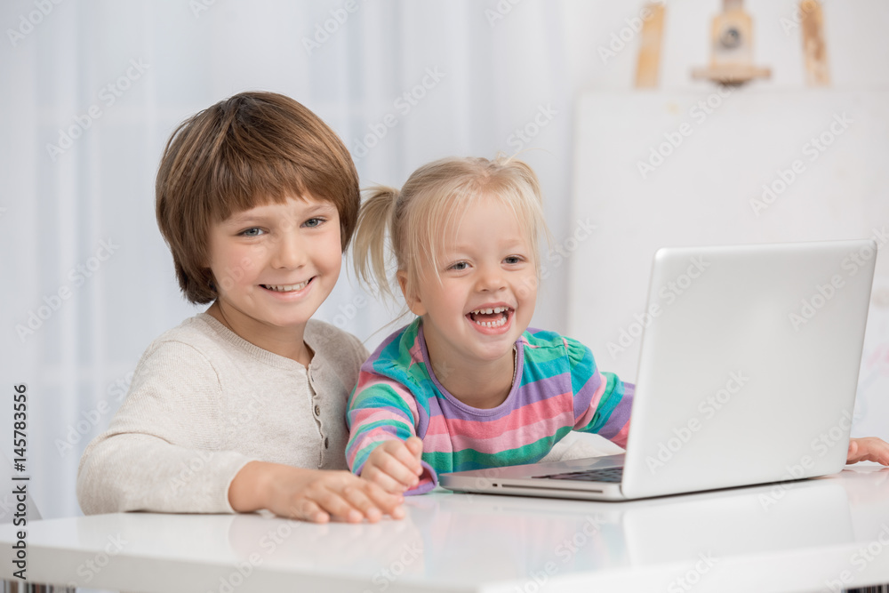 Little Children Using Digital Device Laptop Concept Little Children Using Digital Device Laptop Concept