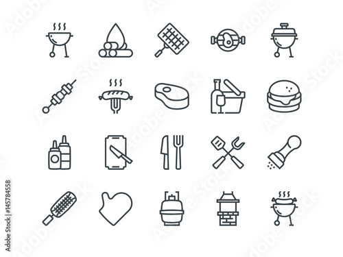 Barbecue. Set of outline vector icons. Includes such as BBQ, Grill, Steak and other. Editable Stroke. 48x48 Pixel Perfect.