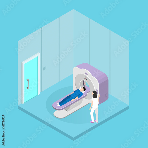 Male patient is being examined on a tomograph in a hospital under the supervision of a doctor