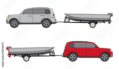 Sport utility vehicle in two different color schemes is towing a boat on trailer