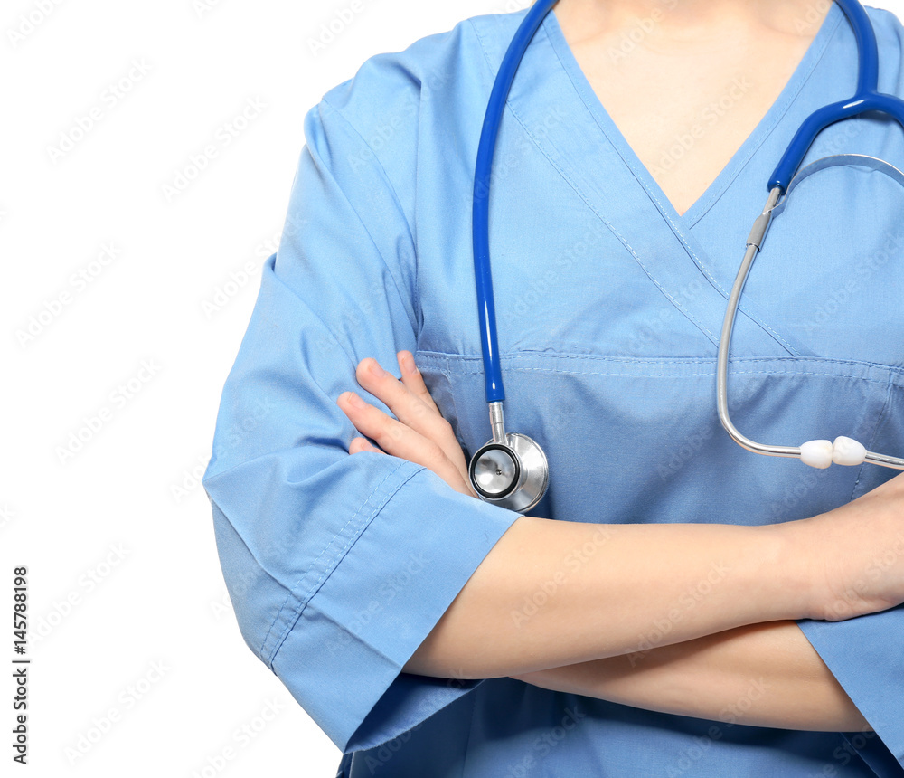 Young medical assistant on white background, closeup Young medical assistant on white background, closeup