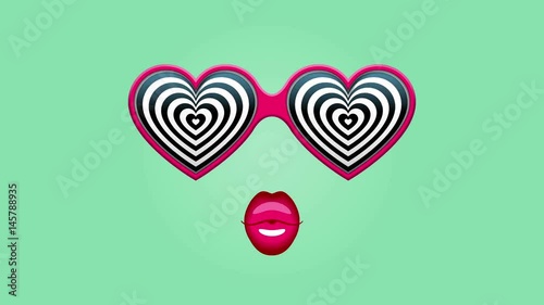 Glamorous heart-shaped sunglasses with hypnotic heart patterns, and pink lips