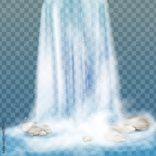 Fototapeta Naklejka Na Ścianę i Meble -  Realistic vector waterfall with clear water and bubbles. Natural element for design landscape images. Isolated on transparent background.