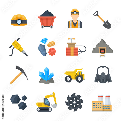 Mining and quarrying vector icons in flat style
