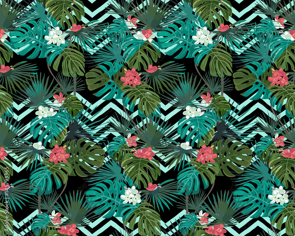 Exotic seamless pattern with tropical leaves and flowers on black ...