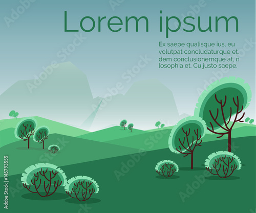 Landscape of fields with trees bushes and mountains Vector summer nature background. The place for the text,