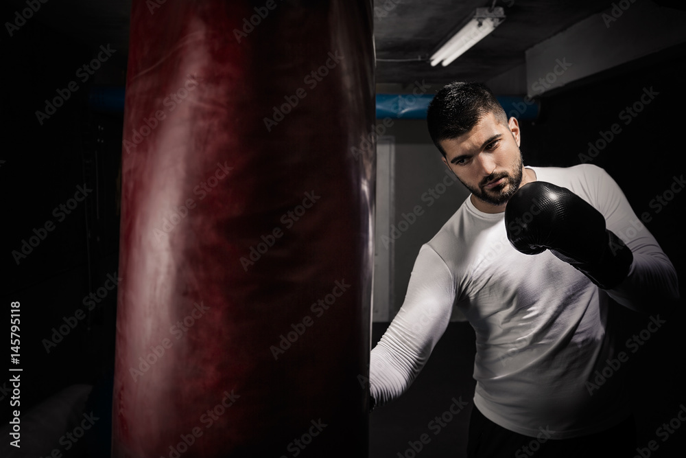 Handsome young man exercising with boxing gloves and punching bag Handsome young man exercising with boxing gloves and punching bag