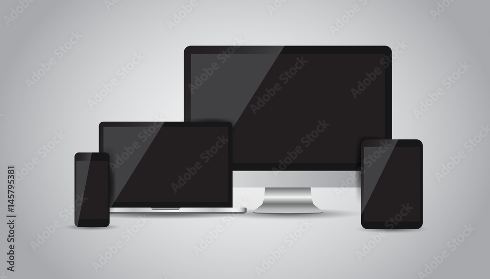 Realistic device flat Icons: smartphone, tablet, laptop and desktop computer. Vector illustration on gray background Realistic device flat Icons: smartphone, tablet, laptop and desktop computer. Vector illustration on gray background