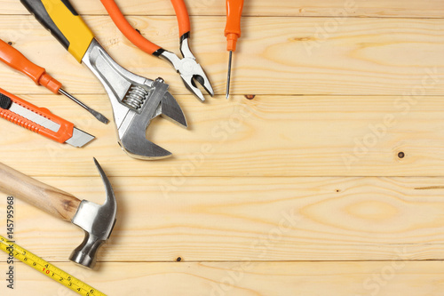 industrial tools on wooden background / tools texture / tools background