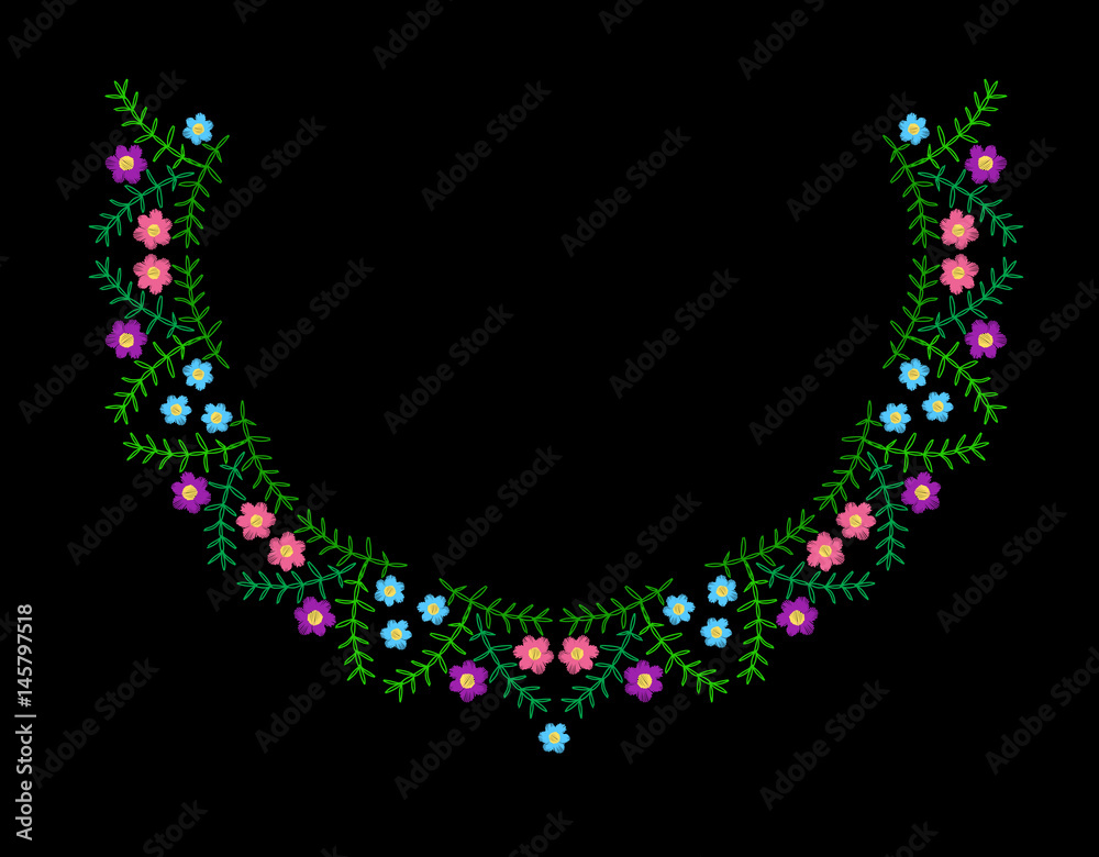 Colorful flower with leaf frame embroidery stitches imitation Colorful flower with leaf frame embroidery stitches imitation
