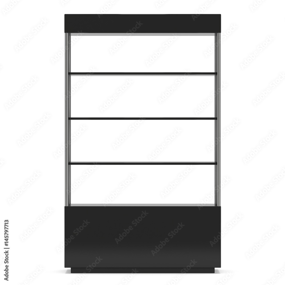 Empty showcase with glass shelves for exhibit. 3D render illustration isolated on white background. Trade show booth black pedestal for expo design. Empty showcase with glass shelves for exhibit. 3D render illustration isolated on white background. Trade show booth black pedestal for expo design.