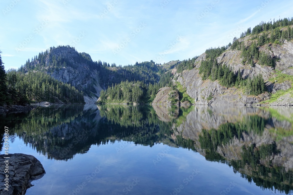 Small Alpine lake reflection landscape
