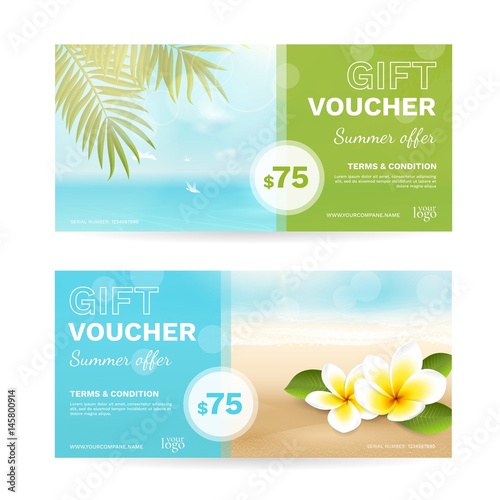 Vector set of gift vouchers with beach, sea, palm leaves, tropical flowers. Summer template with plumeria and blurred effect for travel certificate, coupon and gift card. File contains clipping mask.