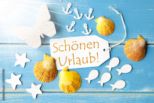 Sunny Summer Greeting Card With Schoenen Urlaub Means Happy Holidays photo