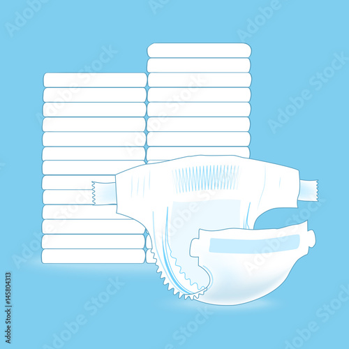 Stack of baby diapers and the open diaper in front. Absorbent diaper. Realistic vector illustration for kids production