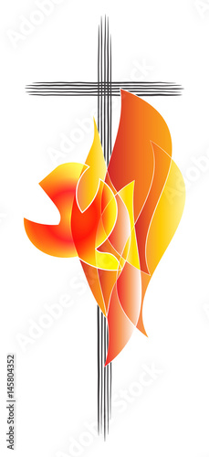 Holy Spirit, Pentecost symbol with a dove, flames or fire and a cross. Abstract modern religious vector illustration.