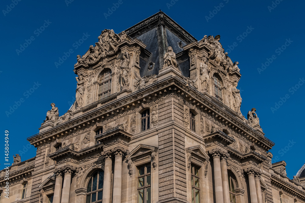 Fragments of Louvre buildings in Louvre Museum. Paris, France.