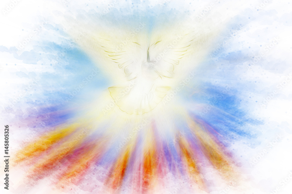 Holy Spirit, Pentecost or Confirmation symbol with a dove, and bursting  rays of flames or fire. Abstract modern religious digital illustration  background Stock Illustration | Adobe Stock