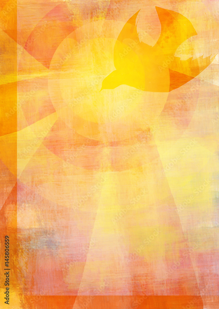 Naklejka premium Holy Spirit, Pentecost or Confirmation symbol with a dove, and bursting rays of flames or fire. Abstract modern religious digital illustration background