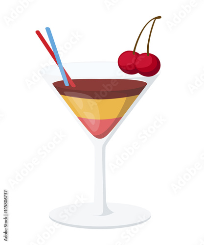 Tropical cocktails, juice, wine and champagne glass set. Various isolated cocktail glass with beverages sweet cherry drink