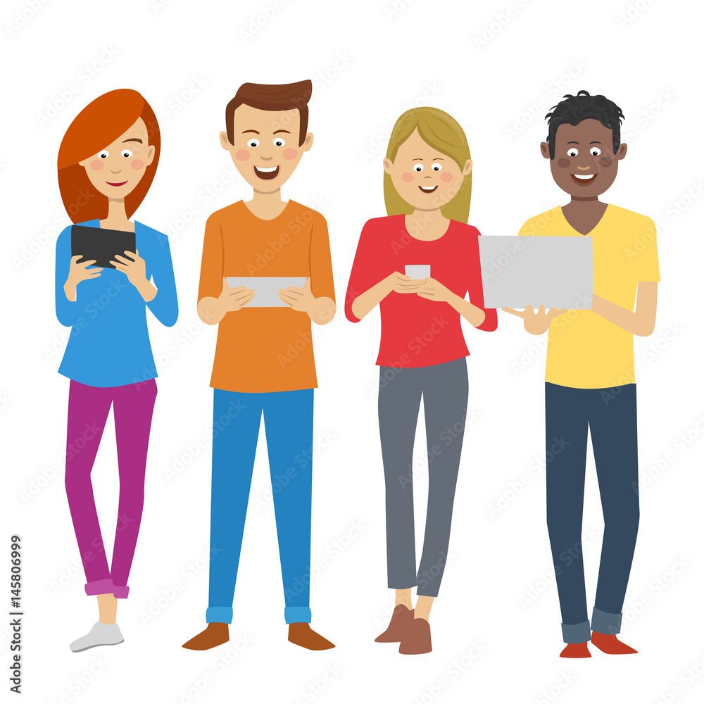Group of multiracial students using digital devices in university break. Young people addiction to new technology trends Group of multiracial students using digital devices in university break. Young people addiction to new technology trends