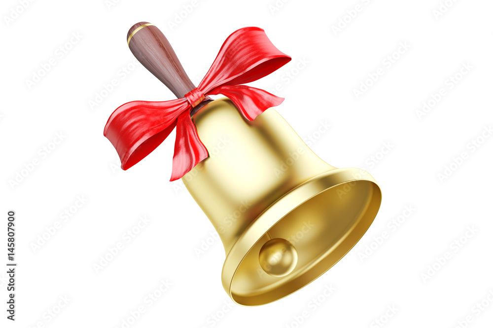 Gold school bell with red bow, 3D rendering Gold school bell with red bow, 3D rendering