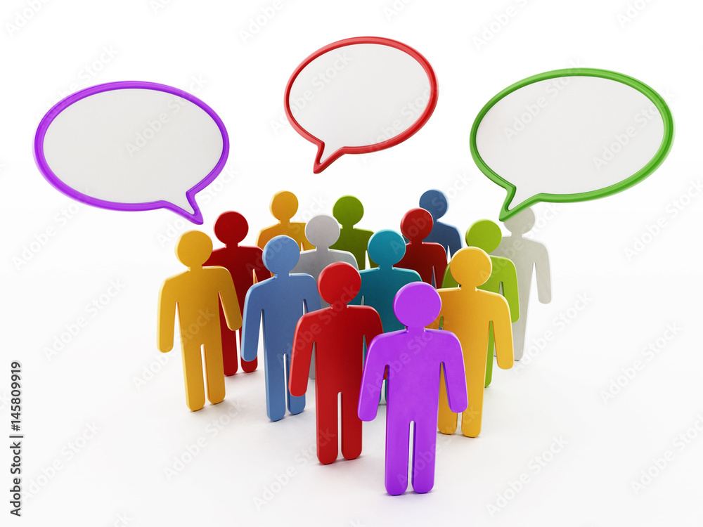 Multi colored figures with speech balloons on their head. 3D illustration Multi colored figures with speech balloons on their head. 3D illustration