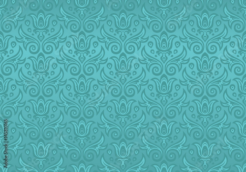 Seamless ornament in turquoise with flowers and drops
