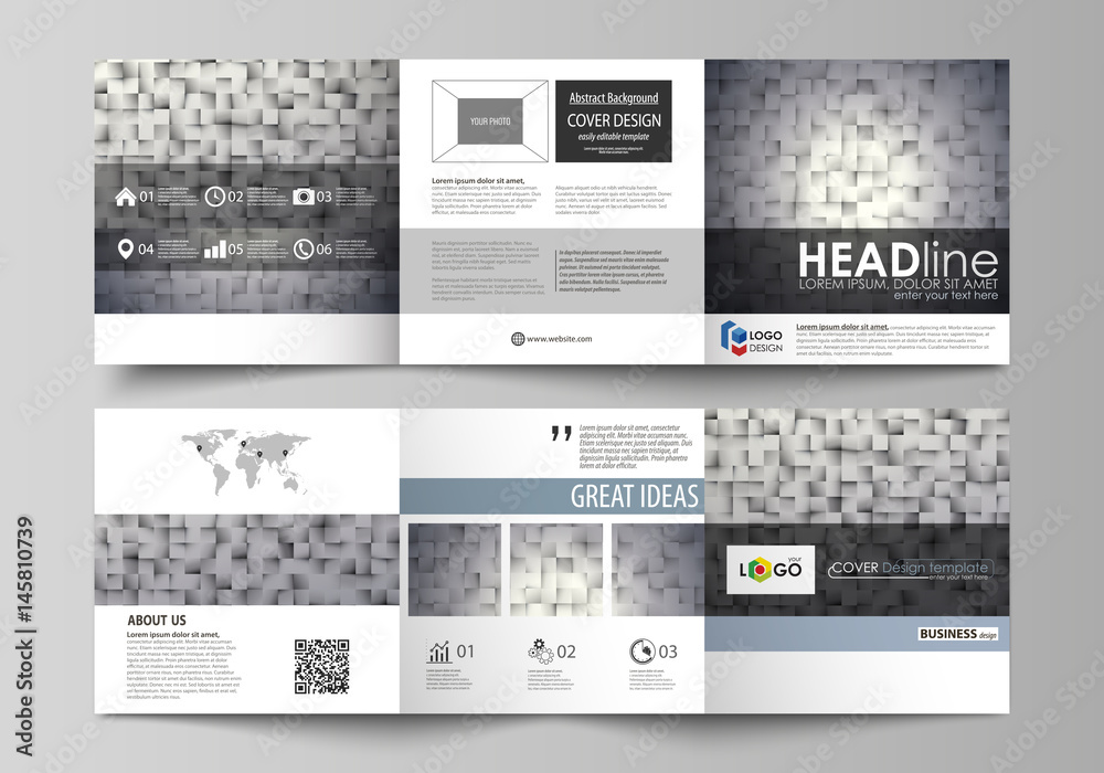 Set of business templates for tri fold square design brochures. Leaflet cover, abstract layout, easy editable vector. Pattern made from squares, gray background in geometrical style. Simple texture. Set of business templates for tri fold square design brochures. Leaflet cover, abstract layout, easy editable vector. Pattern made from squares, gray background in geometrical style. Simple texture.