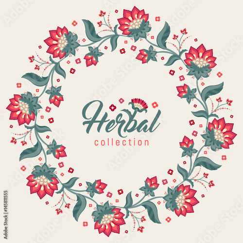 Floral round frame, Jacobean style flowers. Colorful herbal wreath. Vector illustration. Herbal collection, 
