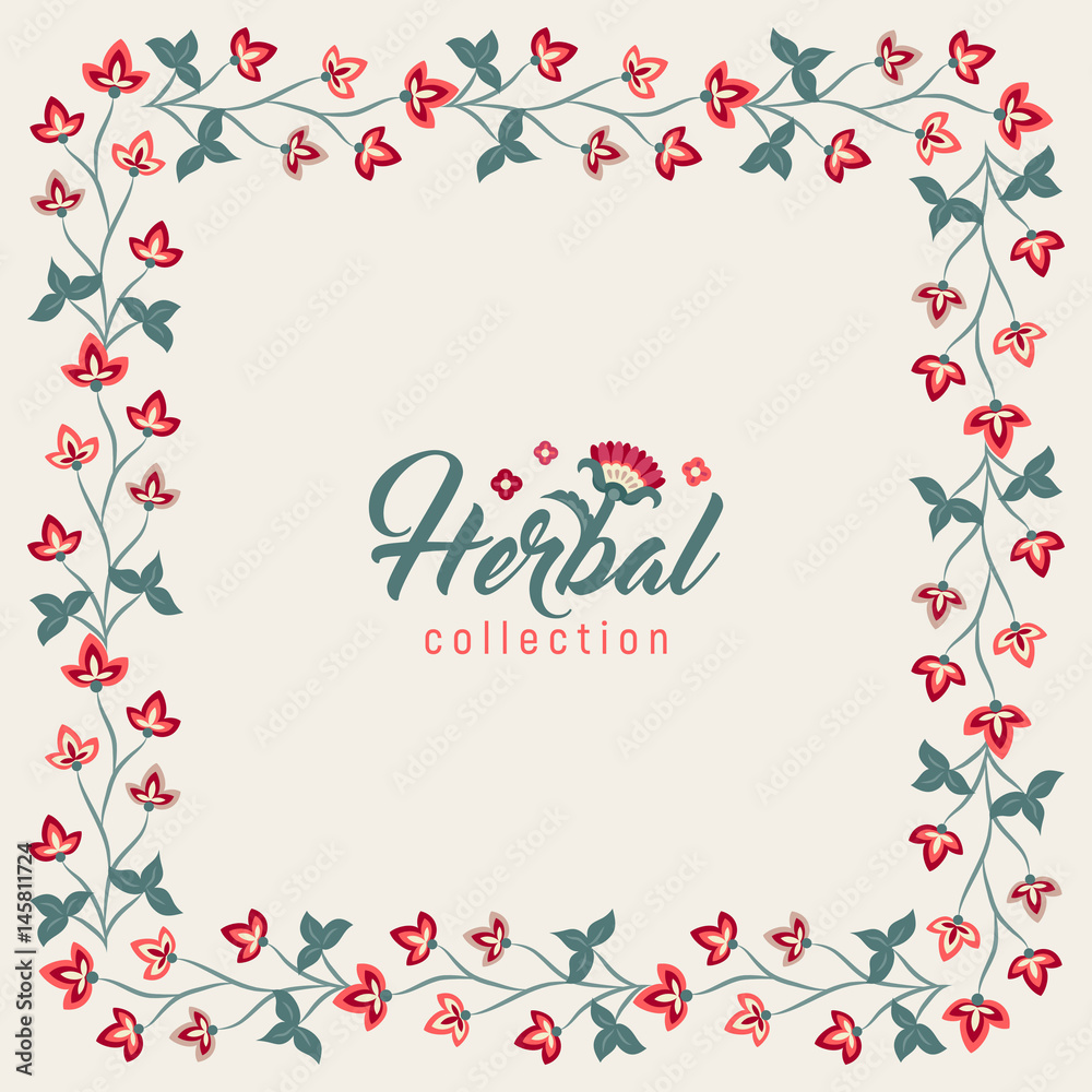Floral round frame, Jacobean style flowers. Colorful herbal wreath. Vector illustration. Herbal collection, 