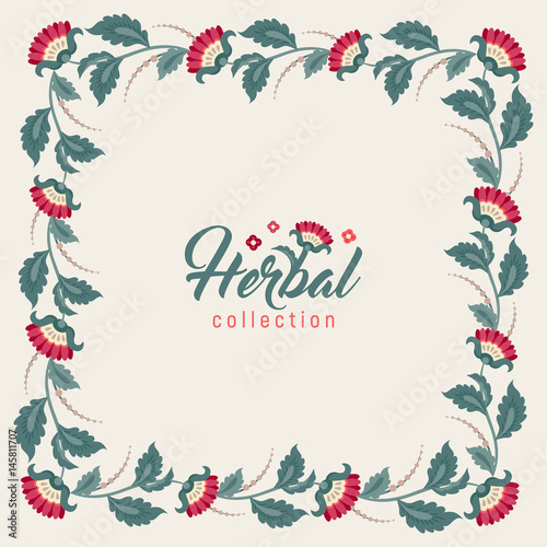 Floral square frame, Jacobean style flowers. Colorful herbal wreath. Vector illustration. Herbal collection, 