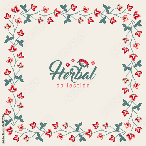 Floral round frame, Jacobean style flowers. Colorful herbal wreath. Vector illustration. Herbal collection, 