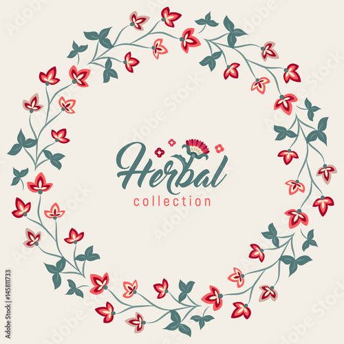 Fototapeta Naklejka Na Ścianę i Meble -  Floral round frame, Jacobean style flowers. Colorful herbal wreath. Vector illustration. Herbal collection, 