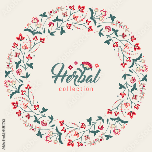 Floral round frame, Jacobean style flowers. Colorful herbal wreath. Vector illustration. Herbal collection, 
