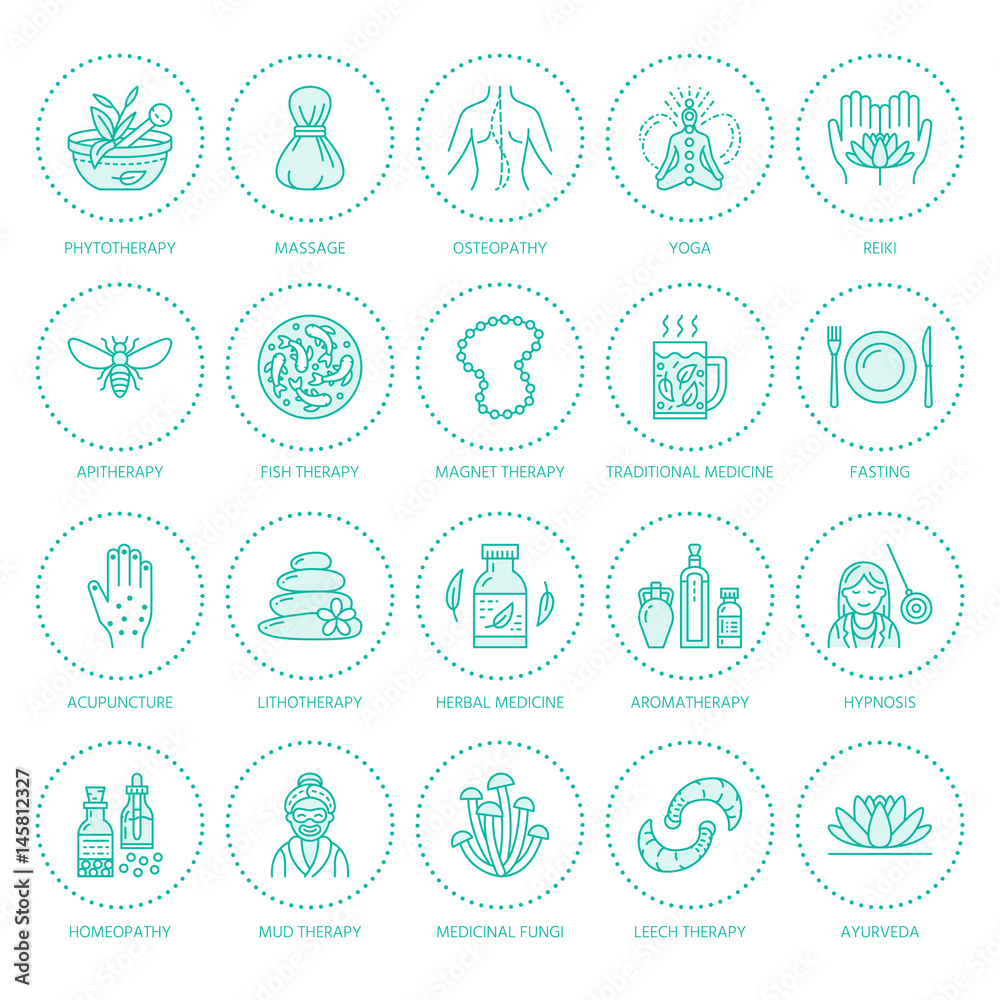 Alternative medicine line icons. Naturopathy, traditional treatment, homeopathy, osteopathy, herbal fish and leech therapy. Thin linear signs for health care center. Blue color.