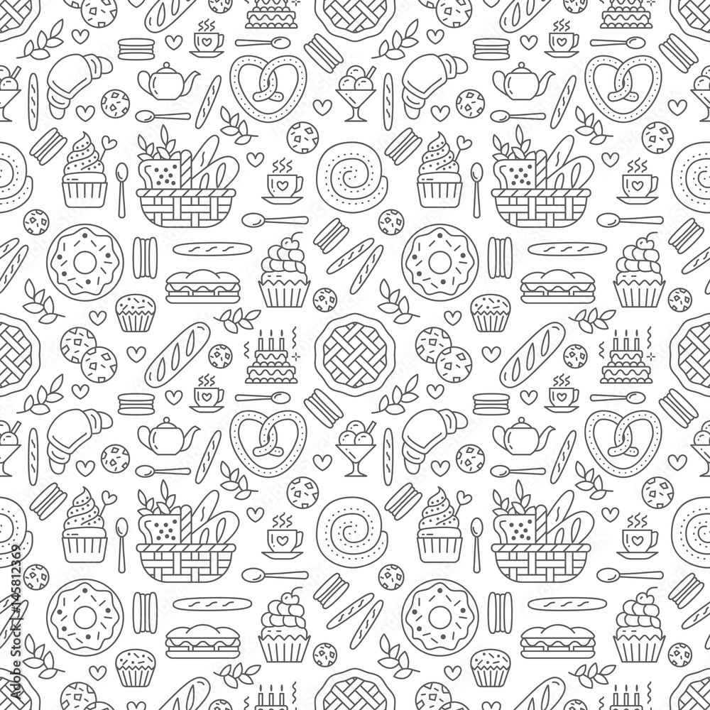 Bakery seamless pattern, food vector background of black white color. Confectionery products thin line icons - cake, croissant, muffin, pastry, cupcake, pie. Cute repeated illustration for sweet shop.