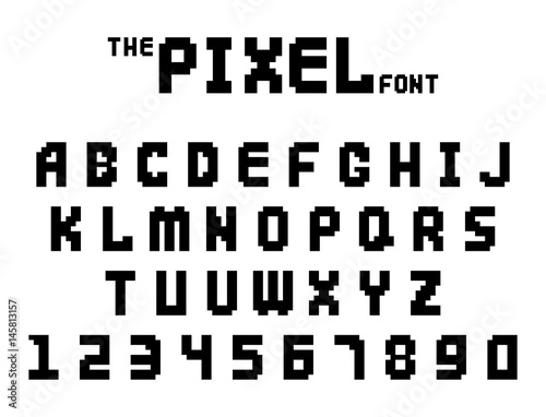 Pixel retro font video computer game design 8 bit letters numbers electronic futuristic style vector abc typeface digital creative alphabet isolated