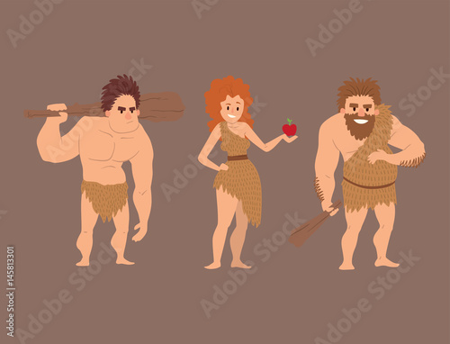 Caveman primitive stone age cartoon neanderthal people character evolution vector illustration.