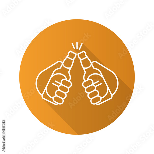Toasting beer bottles. Flat linear long shadow icon