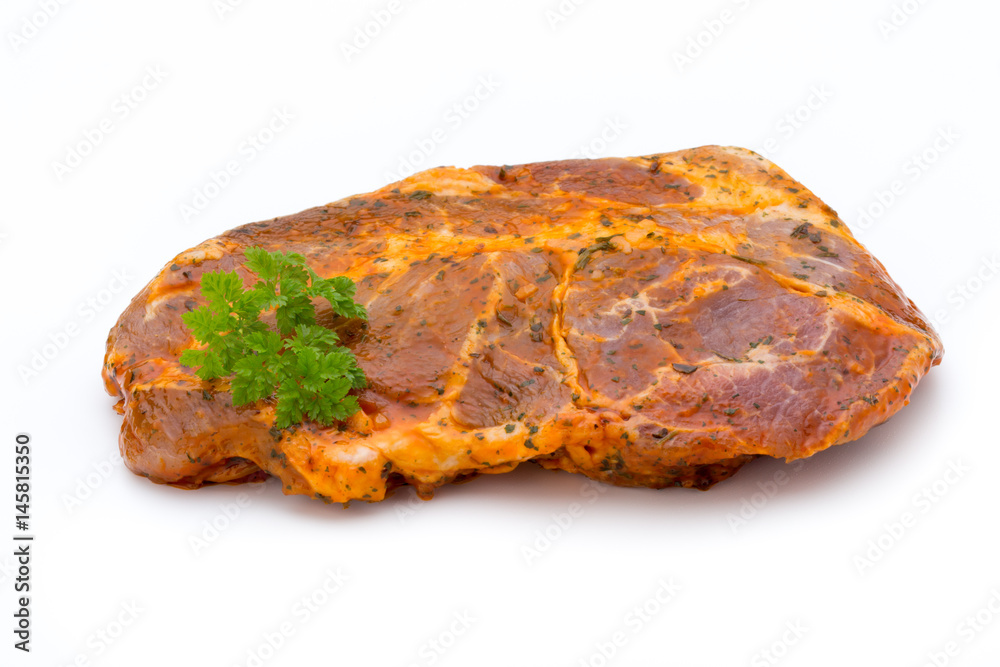 Pork chop, marinated. Isolated on the white background. Pork chop, marinated. Isolated on the white background.