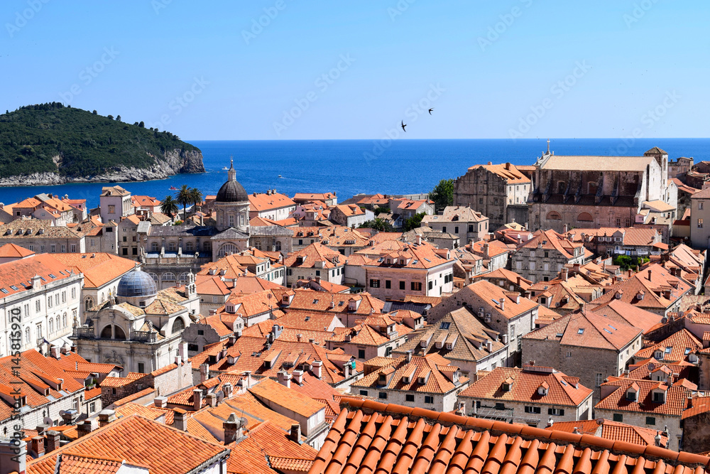 Rooftops of Dubrovnik Old Town towards the Adriatic Sea and Lokrum Island